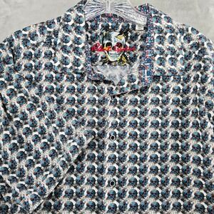 Robert Graham Button Down Shirt Mens XL White Blue Skull Print Short Sleeve